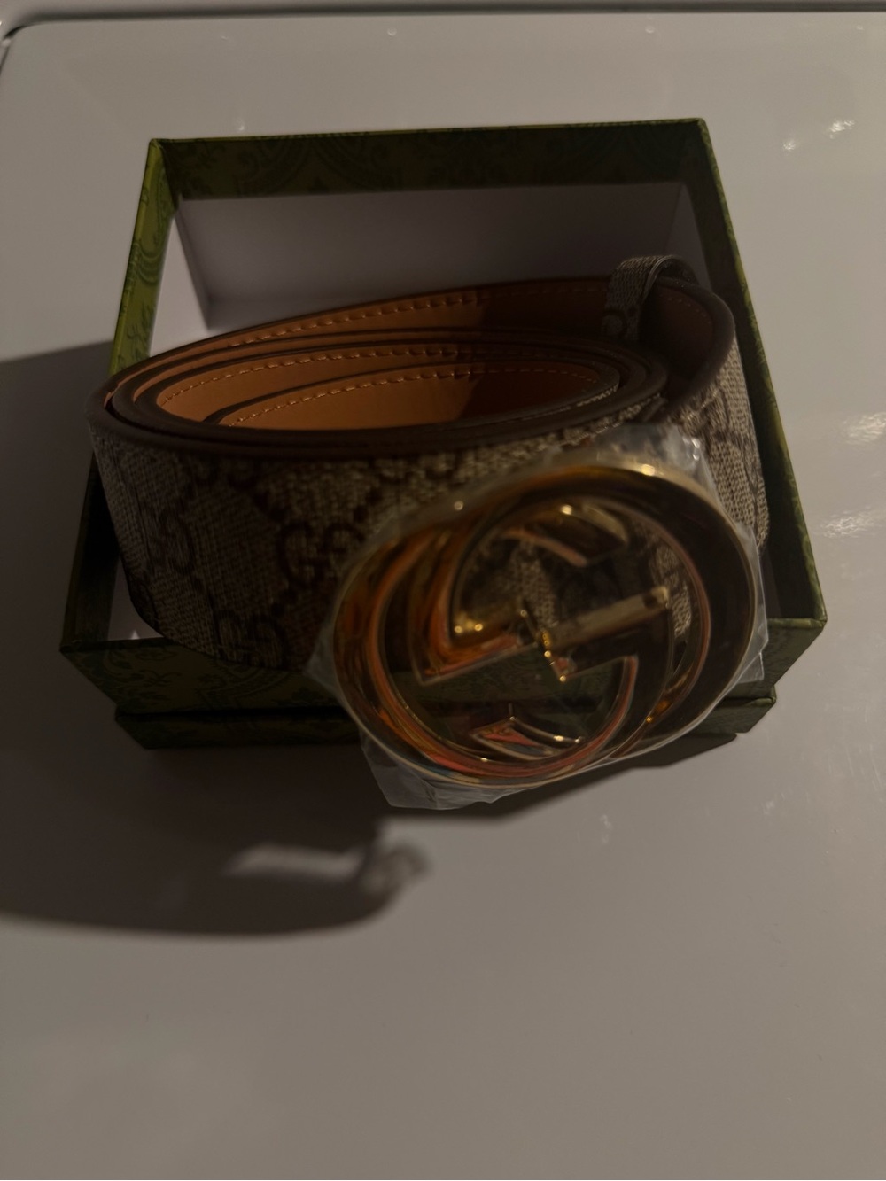 Gucci Beige GG Canvas Belt with Gold Double G Buckle